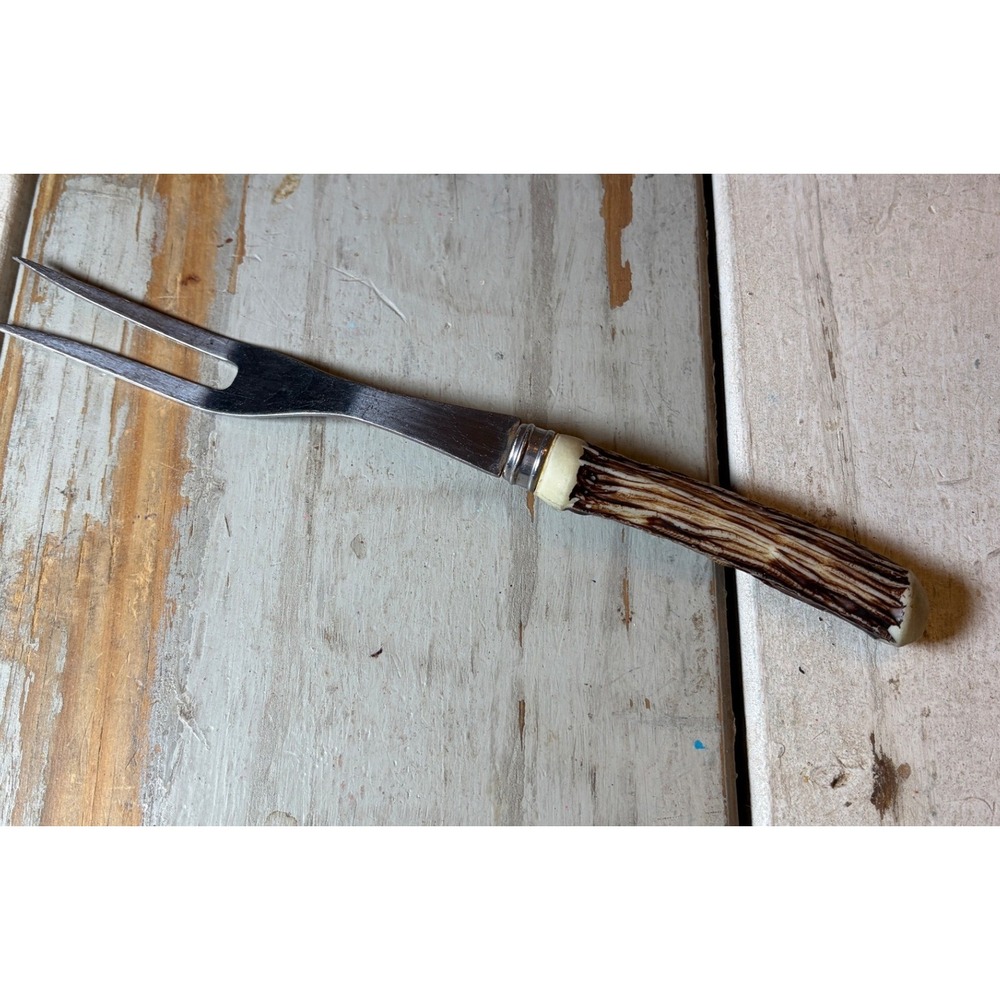 Vintage 2 Tine Meat/Roast/Carving Fork Faux Molded Stag Antler Handle JAPAN MCM